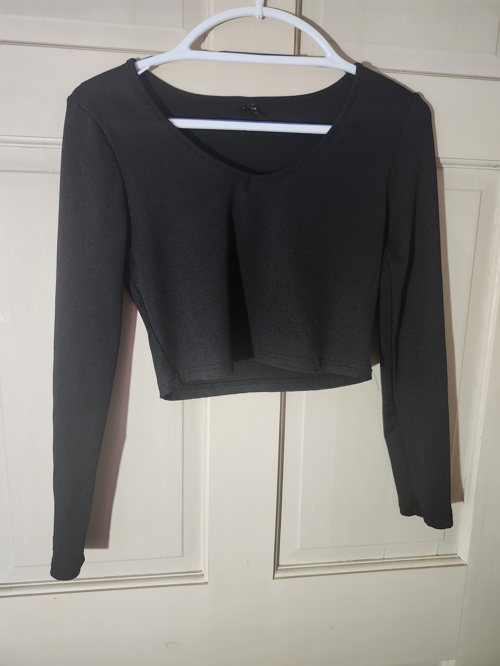 SHEIN Black Long-Sleeve Cropped V-Neck Top